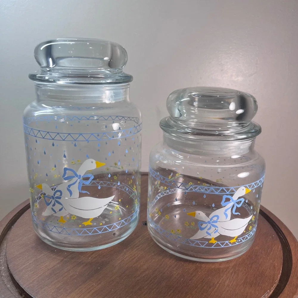 Vtg Country Geese Anchor Hocking Glass Canister Set 2 Blue Bow Farmhouse Lids